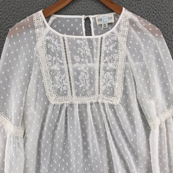 Jun & Ivy Top Womens Extra Small Ivory Floral Lace Swiss Dot Long Balloon Sleeve - Picture 2 of 8